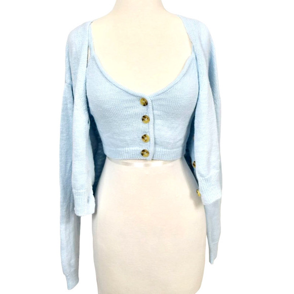 GLASSONS - 2 pc light blue knitted tank top & cardigan set women's size M - Picture 1 of 4